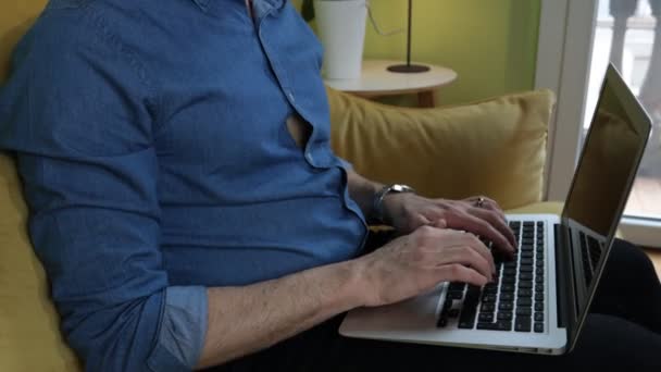 Kanepede Oturan Adam Dizüstü Bilgisayarda Klavyede Yazıyor Yüzü Yok Akıllı — Stok video