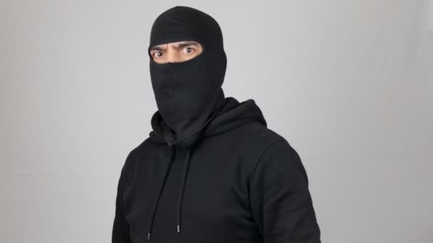 Man Black Balaclava Ready Fight Fist Defense Gesture Bandit Thief — Stock Video