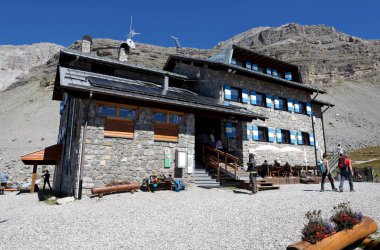 Grost, Trento, Italy - August 23, 2022: Graffer refuge on Grost is an alpine refuge located in the western section of the Brenta Dolomites.