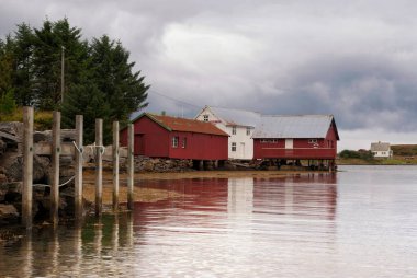 Norveç 'in Vevang köyüne yakın Atlantik kıyısındaki bir koyda kutuplar üzerine ahşap evler inşa edildi.