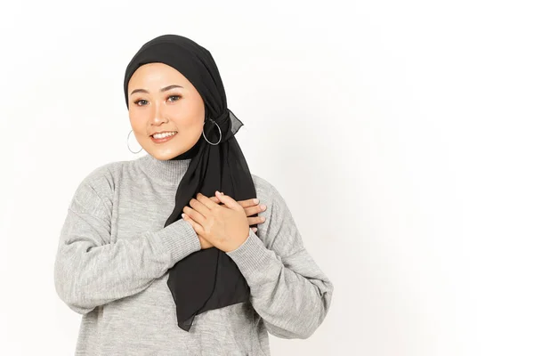 Hand Auf Brust Selbstliebe Geste Der Schönen Asiatischen Frau Trägt — Stockfoto