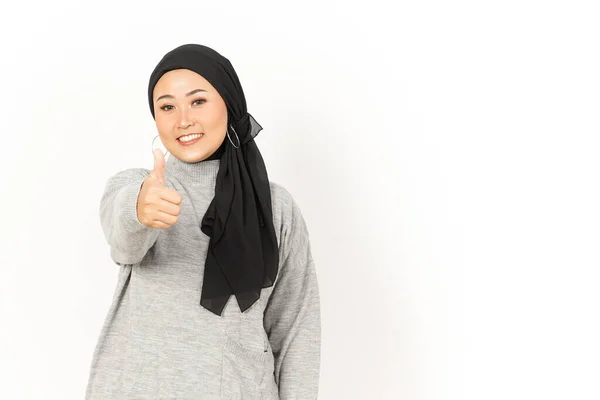Showing Thumbs Beautiful Asian Woman Wearing Hijab Isolated White Background — Stock Photo, Image