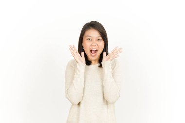 Beyaz arka planda tecrit edilmiş Güzel Asyalı Kadın İfadesi