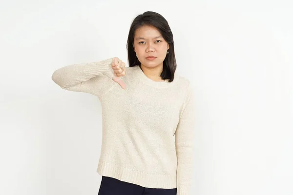 Εμφάνιση Αντίχειρες Κάτω Από Την Όμορφη Ασιατική Γυναίκα Απομονώνονται Λευκό — Φωτογραφία Αρχείου