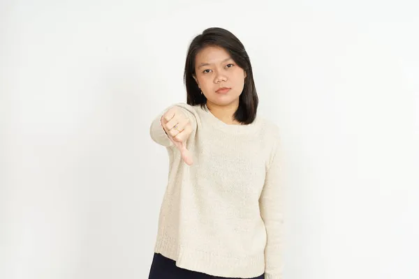 Εμφάνιση Αντίχειρες Κάτω Από Την Όμορφη Ασιατική Γυναίκα Απομονώνονται Λευκό — Φωτογραφία Αρχείου