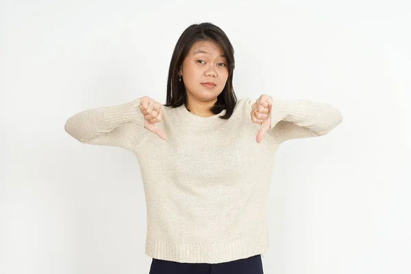 Mostrando Pollici Bella Donna Asiatica Isolata Sfondo Bianco — Foto Stock