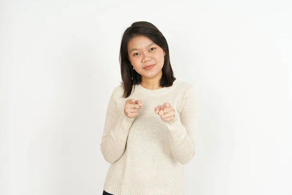 Beyaz Arka Planda Tecrit Edilmiş Güzel Bir Asyalı Kadını Işaret — Stok fotoğraf