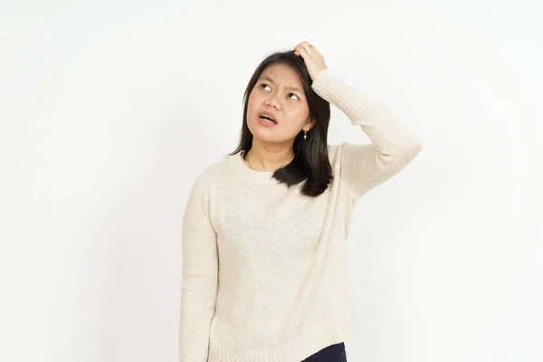 Confuso Bela Mulher Asiática Isolada Fundo Branco — Fotografia de Stock
