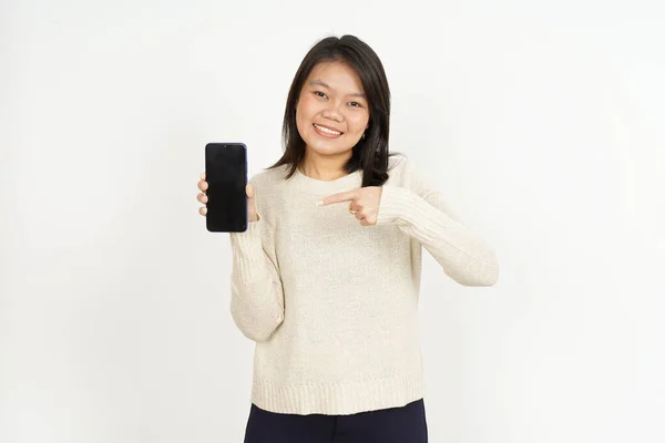 Toon Blanco Smartphone Scherm Van Mooie Aziatische Vrouw Geïsoleerd Witte — Stockfoto