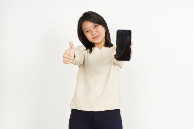 Beyaz Arkaplanda İzole Edilmiş Güzel Asyalı Kadın Boş Akıllı Telefon Ekranında Gösteriliyor