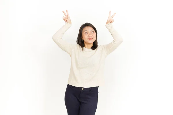 Toon Vrede Overwinning Teken Van Mooie Aziatische Vrouw Geïsoleerd Witte — Stockfoto