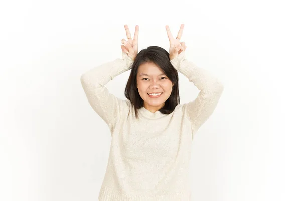Zeigt Das Friedens Oder Siegeszeichen Der Schönen Asiatin Isoliert Auf — Stockfoto
