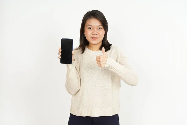 Toon Blanco Smartphone Scherm Van Mooie Aziatische Vrouw Geïsoleerd Witte — Stockfoto