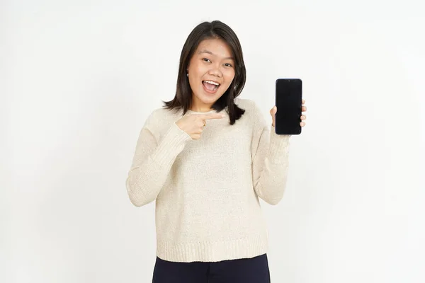 Toon Blanco Smartphone Scherm Van Mooie Aziatische Vrouw Geïsoleerd Witte — Stockfoto