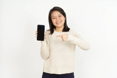 Beyaz Arkaplanda İzole Edilmiş Güzel Asyalı Kadın Boş Akıllı Telefon Ekranında Gösteriliyor