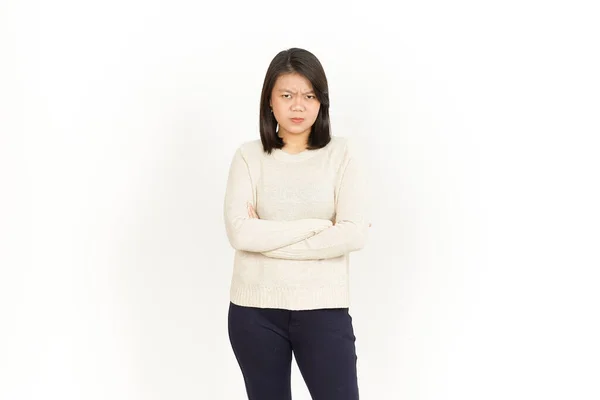 Boos Gebaar Van Mooie Aziatische Vrouw Geïsoleerd Witte Achtergrond — Stockfoto