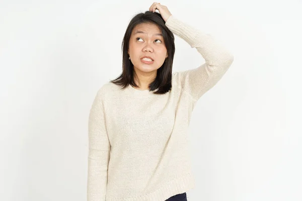 Verward Van Mooi Aziatisch Vrouw Geïsoleerd Witte Achtergrond — Stockfoto