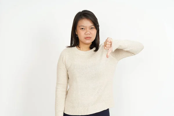 Mostrando Polegares Para Baixo Bela Mulher Asiática Isolada Fundo Branco — Fotografia de Stock