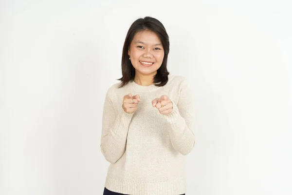 Ukazuje Vás Krásné Asijské Ženy Izolované Bílém Pozadí — Stock fotografie