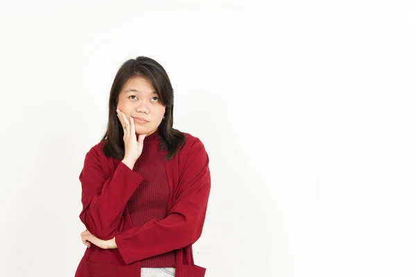 Aburrido Gesto Hermosa Mujer Asiática Con Camisa Roja Aislada Sobre —  Fotos de Stock