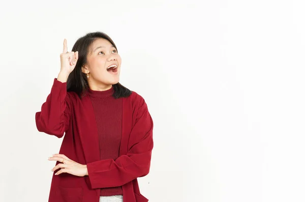 Denken Geste Der Schönen Asiatischen Frau Trägt Rotes Hemd Isoliert — Stockfoto