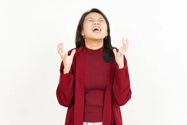 Gesto Enojado Hermosa Mujer Asiática Con Camisa Roja Aislada Sobre —  Fotos de Stock
