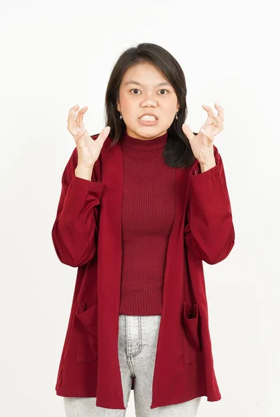 Gesto Arrabbiato Bella Donna Asiatica Che Indossa Camicia Rossa Isolata — Foto Stock