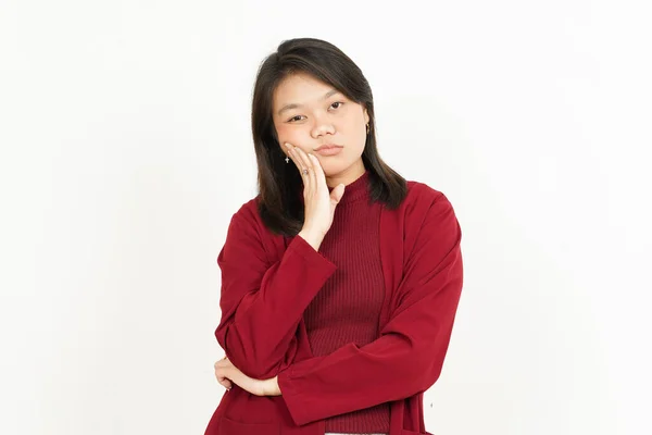Chato Gestos Bela Ásia Mulher Vestindo Vermelho Camisa Isolado Branco — Fotografia de Stock