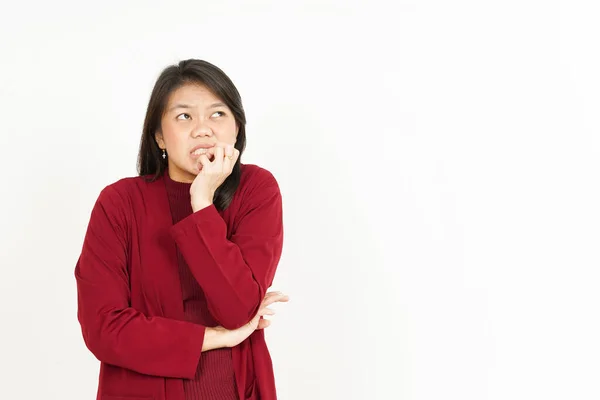Medo Nervoso Morder Unhas Bela Mulher Asiática Vestindo Camisa Vermelha — Fotografia de Stock