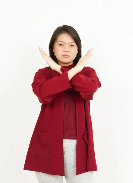 Gesto Rechazo Hermosa Mujer Asiática Con Camisa Roja Aislada Sobre —  Fotos de Stock