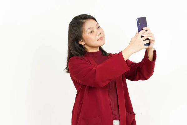 Vasthouden Het Gebruik Van Smartphone Van Mooie Aziatische Vrouw Dragen — Stockfoto
