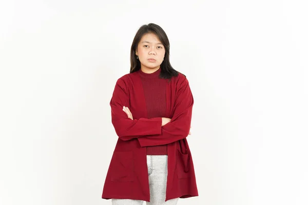 白い背景に赤いシャツを着た美しいアジア人女性の悲しいジェスチャー — ストック写真