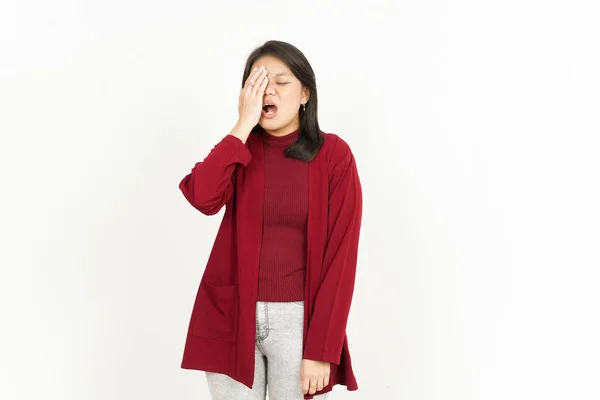 Cefaleias Gesto Bela Mulher Asiática Vestindo Camisa Vermelha Isolada Fundo — Fotografia de Stock