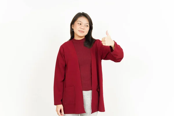 Mostrando Polegares Para Cima Bela Mulher Asiática Vestindo Camisa Vermelha — Fotografia de Stock
