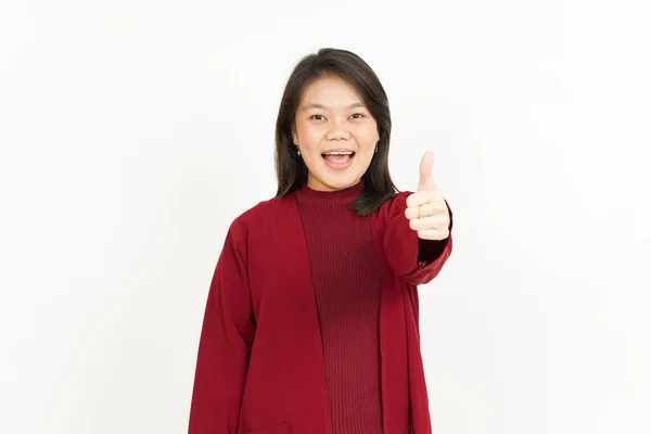 Affichage Pouces Vers Haut Belle Asiatique Femme Portant Chemise Rouge — Photo
