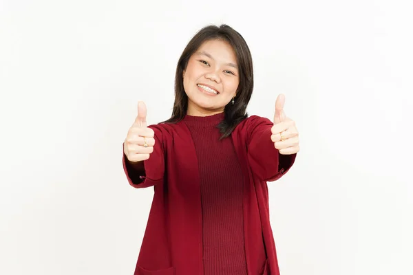Mostrando Pulgares Hacia Arriba Hermosa Mujer Asiática Con Camisa Roja —  Fotos de Stock