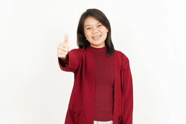 Beyaz Arka Planda Kırmızı Gömlekli Güzel Bir Asyalı Kadının Başparmaklarını — Stok fotoğraf