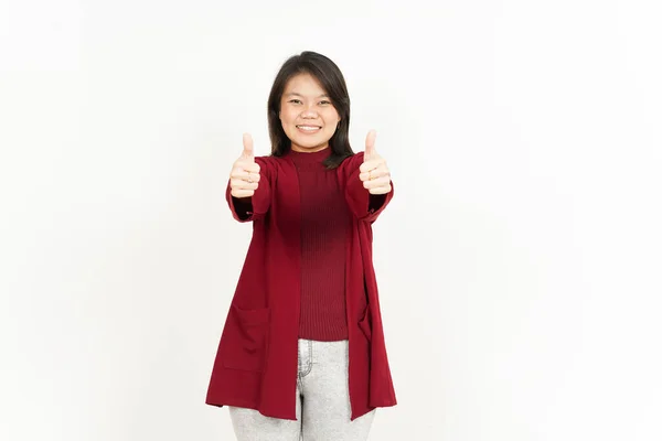 Mostrando Pulgares Hacia Arriba Hermosa Mujer Asiática Con Camisa Roja —  Fotos de Stock
