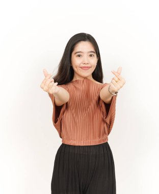 Beyaz arka planda tecrit edilmiş Koreli Güzel Asyalı Kadın 'ın Aşk Parmağı