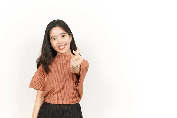 Pokazuje Koreański Love Finger Beautiful Asian Kobieta Izolowane Białym Tle — Zdjęcie stockowe