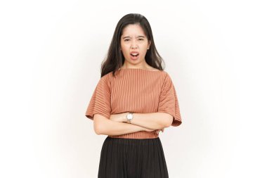 Beyaz arka planda izole edilmiş Güzel Asyalı Kadın 'ın Öfkeli Hareketi
