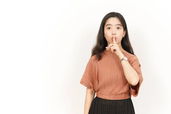 Shh Ser Silencioso Bela Mulher Asiática Isolado Fundo Branco — Fotografia de Stock