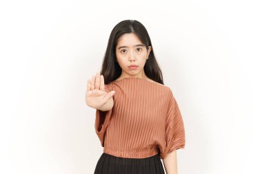 Beyaz arka planda tecrit edilmiş Güzel Asyalı Kadın 'ın Reddedilmesi ya da Durdurulması