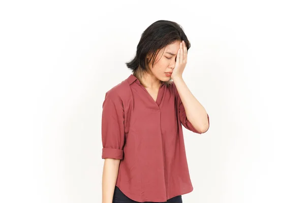 Kopfschmerzen Geste Der Schönen Asiatischen Frau Isoliert Auf Weißem Hintergrund — Stockfoto
