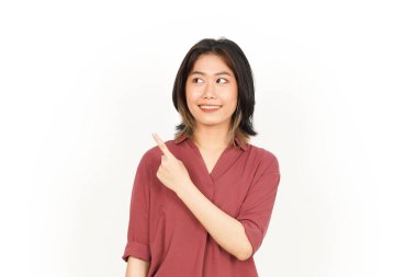 Beyaz arka planda izole edilmiş Güzel Asyalı Kadın Forefinger 'la Gösterme ve Gösterme Ürünleri