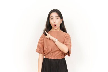 Beyaz arka planda tecrit edilmiş Güzel Asyalı Kadın 'ın Ürün ve İşaret Tarafı