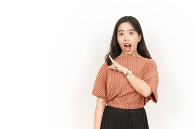 Beyaz arka planda tecrit edilmiş Güzel Asyalı Kadın 'ın Ürün ve İşaret Tarafı