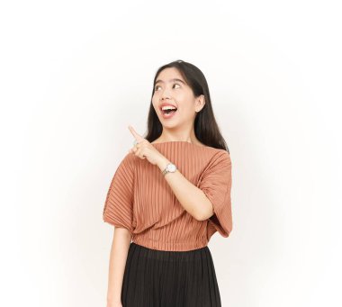 Beyaz arka planda tecrit edilmiş Güzel Asyalı Kadın 'ın Ürün ve İşaret Tarafı