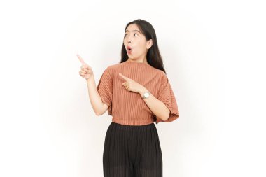 Beyaz arka planda tecrit edilmiş Güzel Asyalı Kadın 'ın Ürün ve İşaret Tarafı