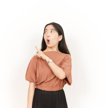 Beyaz arka planda tecrit edilmiş Güzel Asyalı Kadın 'ın Ürün ve İşaret Tarafı